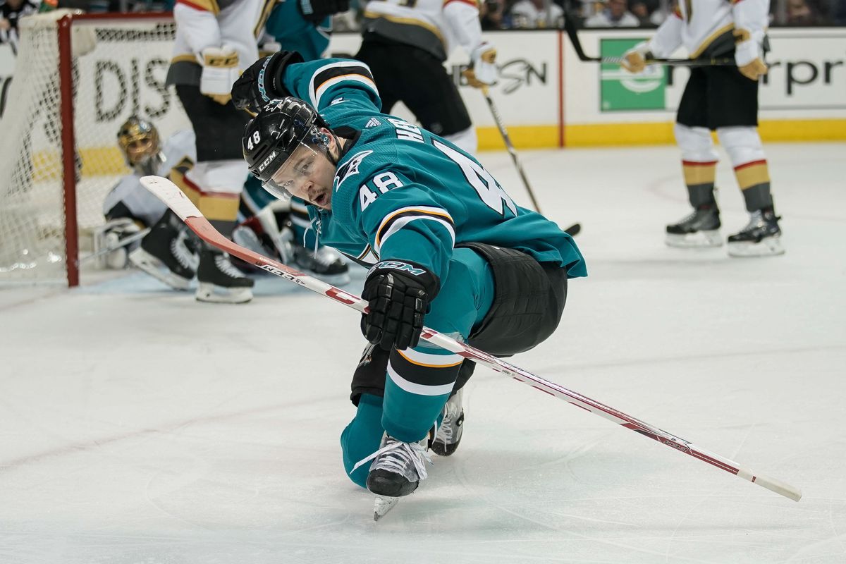 May 2, 2018; San Jose, CA, USA; San Jose Sharks center Tomas Hertl (48) celebrates during the second period against the Vegas Golden Knights in game four of the second round of the 2018 Stanley Cup Playoffs at SAP Center at San Jose.
