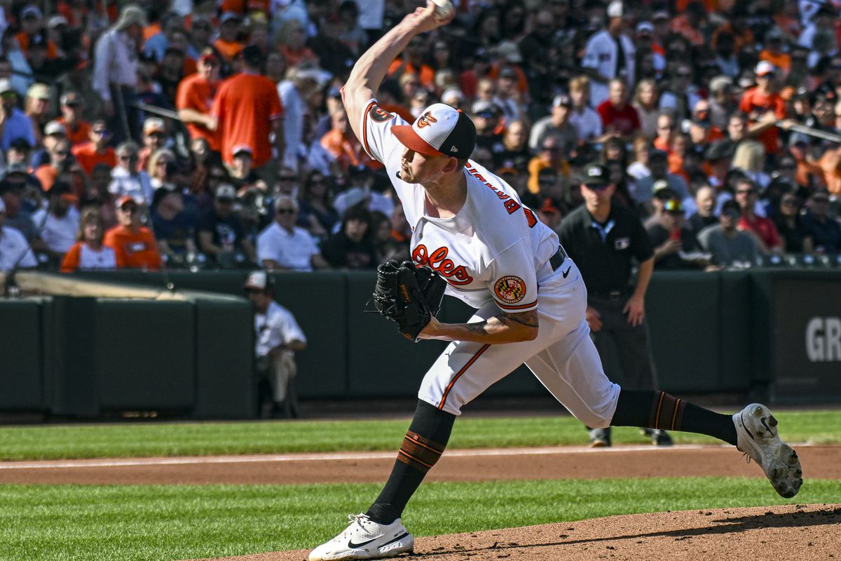 Baltimore Orioles starting pitcher Kyle Bradish pitches during the Boston Red Sox versus the Baltimore Orioles on October 1, 2023 at Oriole Park at Camden Yards in Baltimore, MD.