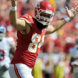 Kansas City Chiefs tight end Sean McGrath (84) celebrates after scoring during the first half of the game against the New York Giants at Arrowhead Stadium.