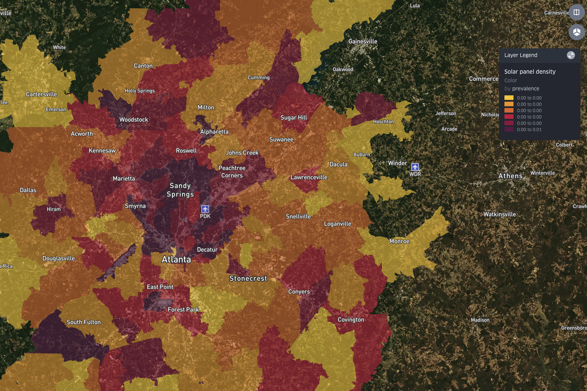 Heat map showing solar panel use around Atlanta.