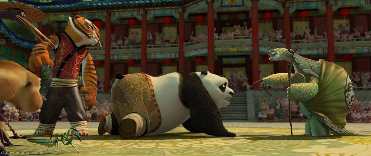 Kung Fu Panda se arrodilla ante el maestro tortuga