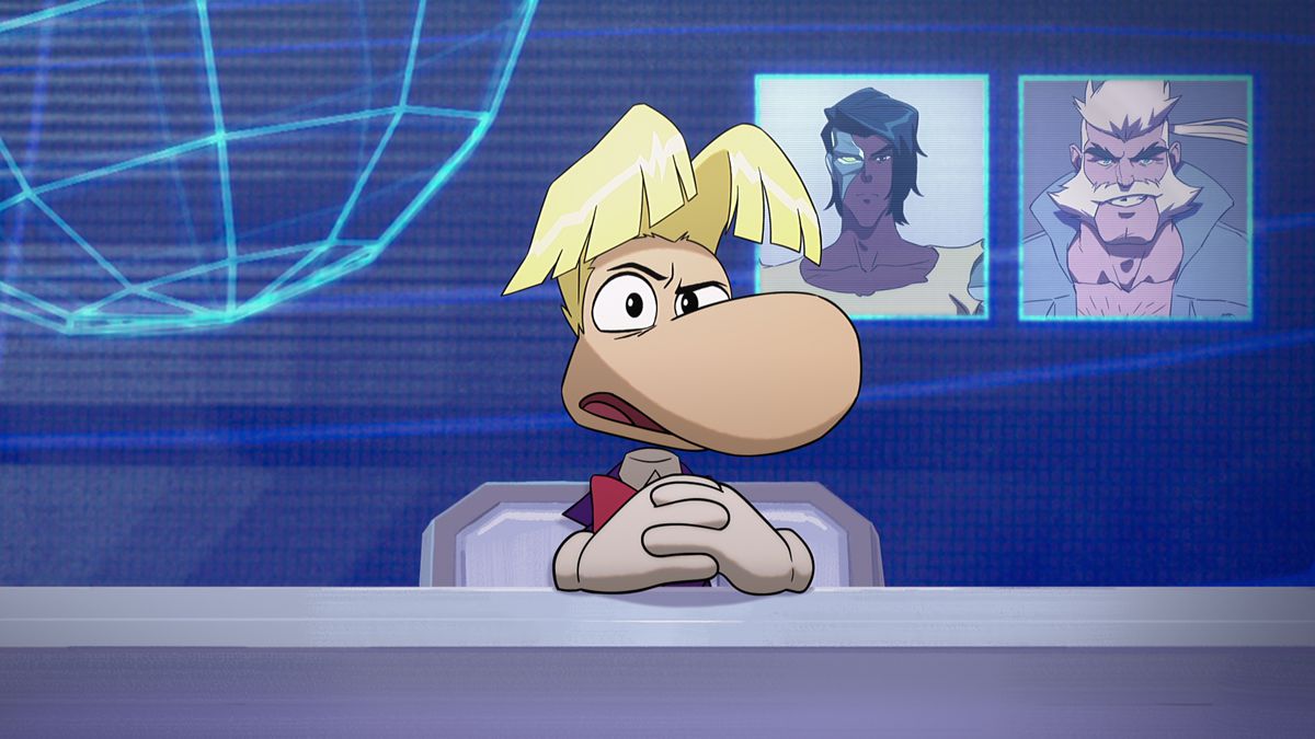 Rayman in Captain Laserhawk: A Blood Dragon Remix presenting a news broadcast, with Dolph Laserhawk and Alex Taylor in images behind him