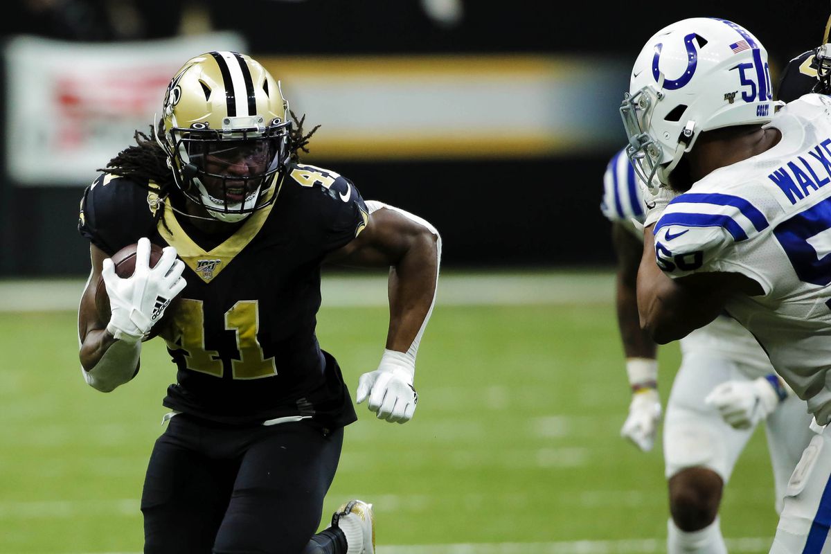 &nbsp;New Orleans Saints running back Alvin Kamara runs against the Indianapolis Colts during the second half at the Mercedes-Benz Superdome. Mandatory Credit: