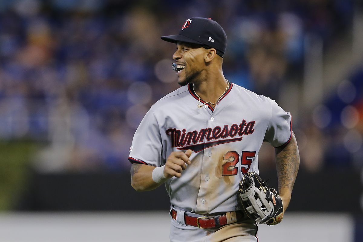 Byron Buxton #25 of the Minnesota Twins reacts against the Miami Marlins at Marlins Park