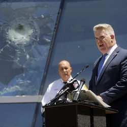 John Huber, U.S. attorney for Utah, speaks during a press conference outside of the Salt Lake City Public Safety Building in Salt Lake City on Wednesday, June 3, 2020, about federal arson charges filed against Jackson Patton for allegedly setting a Salt Lake police vehicle on fire during Saturday’s protest. Some of the building’s windows were shattered during the recent protests.