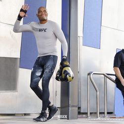 Anderson Silva greets the crowd at UFC 234 workouts.