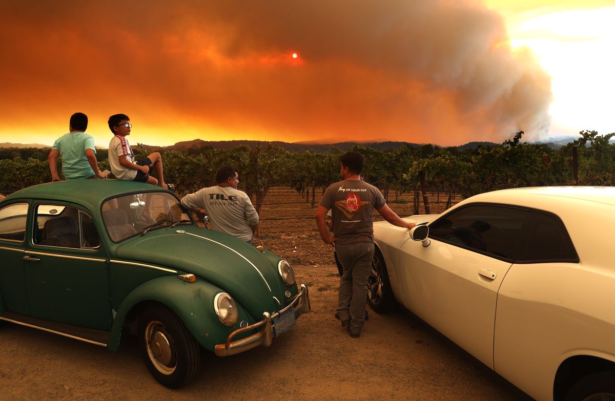 Local residents sit next to a vineyard as they watch the LNU Lightning Complex fire burning in nearby hills on August 20, 2020 in Healdsburg, California. 
