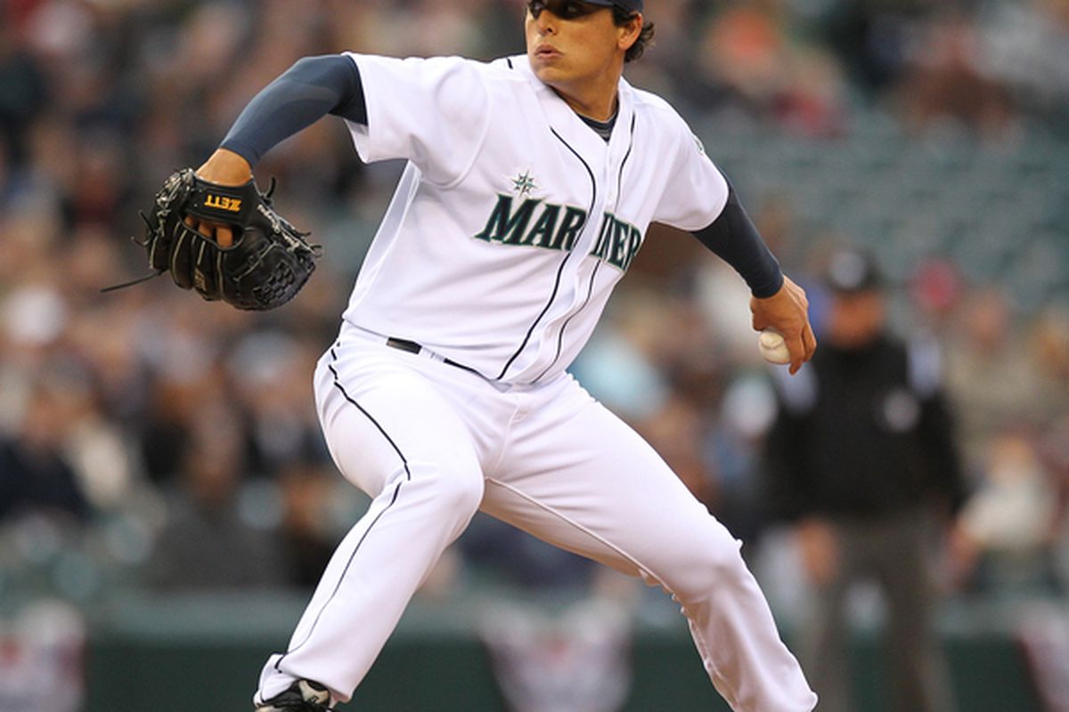 SEATTLE - APRIL 14:  Starting pitcher Jason Vargas #38 of the Seattle Mariners pitches against the Oakland Athletics at Safeco Field on April 14, 2010 in Seattle, Washington. (Photo by Otto Greule Jr/Getty Images)