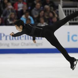 Nathan Chen performs during the men's free skate event at the U.S. Figure Skating Championships in San Jose, Calif., Saturday, Jan. 6, 2018. (AP Photo/Tony Avelar)
