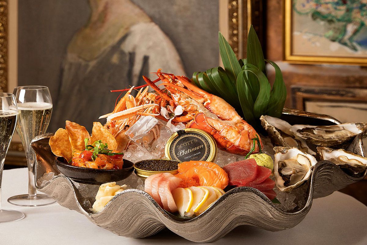 A crustacean platter adorned with caviar at Scott’s Richmond.