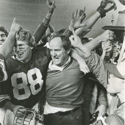 BYU head football coach LaVell Edwards wins the Holiday Bowl on Dec. 18, 1981.
