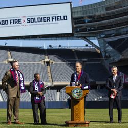 (From left) Chicago Park District CEO Michael Kelly, Mayor Lori Lightfoot, retired soccer player Frank Klopas and Major League Soccer Commissioner Don Garber listen as Chicago Fire Owner and Chairman Joe Mansueto speaks during a press conference announcing the Fire will be returning to Soldier Field beginning with the 2020 season, Tuesday morning, Oct. 8, 2019.