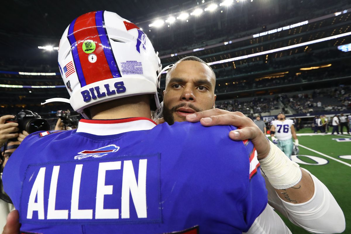Dak Prescott #4 of the Dallas Cowboys greets Josh Allen #17 of the Buffalo Bills after a game at AT&amp;T Stadium on November 28, 2019 in Arlington, Texas.