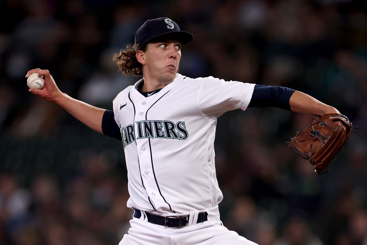 Logan Gilbert of the Seattle Mariners pitches during the second inning against the Milwaukee Brewers at T-Mobile Park on April 18, 2023 in Seattle, Washington.