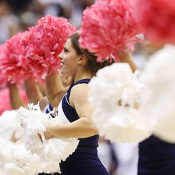 Brigham Young Cougars cheerleaders perform in Provo  Saturday, Feb. 14, 2015.  BYU beat Pacific, 84-59.