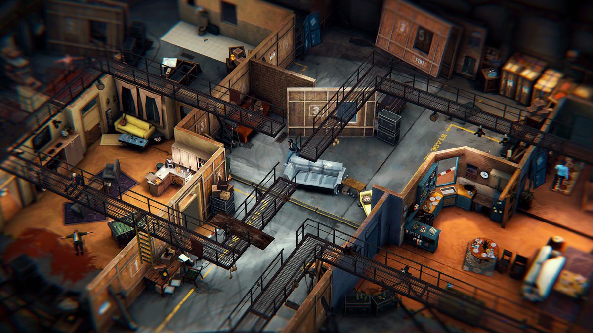 A top-down perspective of an urban environment and warehouse with catwalks and alleyways in Serial Cleaners