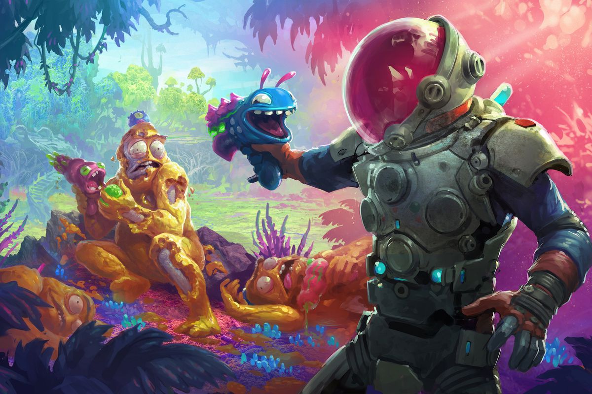 Key art from High On Life, showing a person in a spacesuit aiming a sentient, smiling alien gun at a cowering enemy
