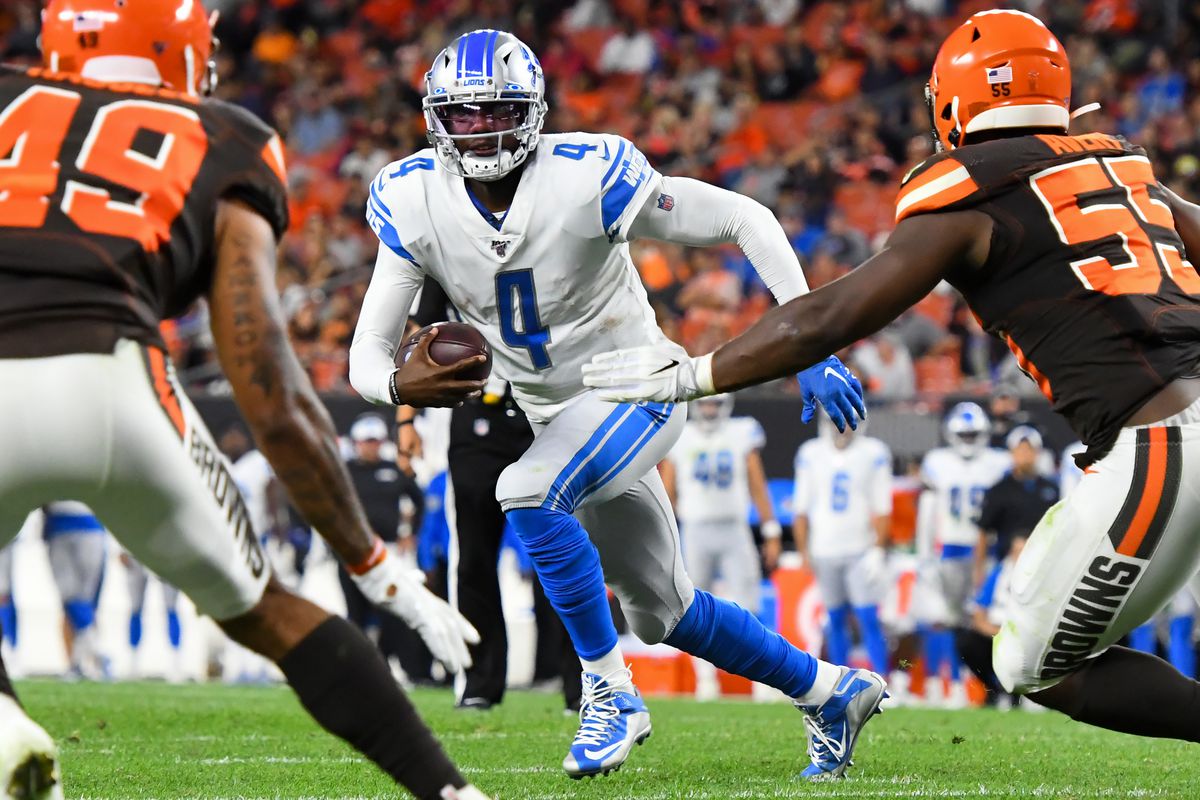 Quarterback Josh Johnson #4 of the Detroit Lions carries the ball in the third quarter of a preseason game against the Cleveland Browns on August 29, 2019 at FirstEnergy Stadium in Cleveland, Ohio. Johnson scored on the play. Cleveland won 20-16.
