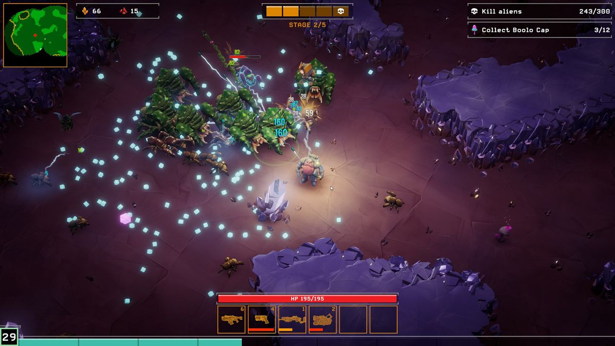 A dwarf in Deep Rock Galactic: Survivor earns brightly colored experience diamonds by slaying insectoid enemies in the mines.