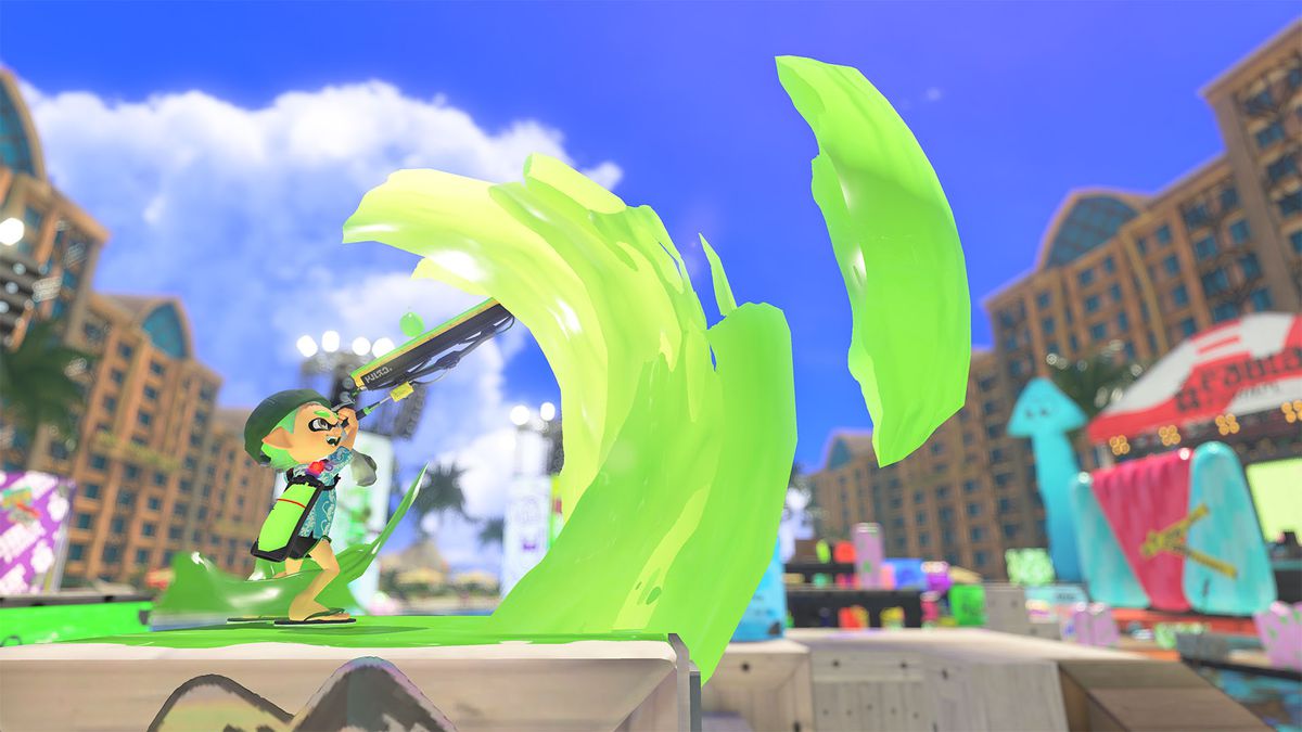 Screenshot from Splatoon 3 featuring the splatana wiper weapon wielded by an octoling with green tentacle hair that is a vehicle’s windshield wiper that’s flinging wide arcs of yellow paint