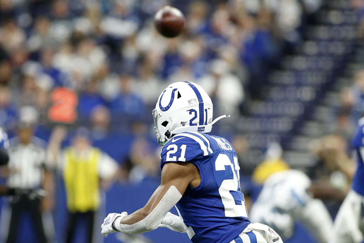 Nyheim Hines #21 of the Indianapolis Colts catches a pass in the game against the Carolina Panthers at Lucas Oil Stadium on December 22, 2019 in Indianapolis, Indiana.