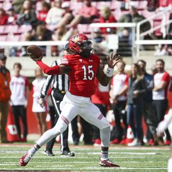 Utah Utes quarterback Jason Shelley (15) throws a pass during the Red-White game at Rice-Eccles Stadium in Salt Lake City on Saturday, April 13, 2019.