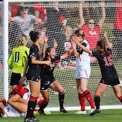 Utah's Katie Rogers (3) center back, puts in the game winner the University of Utah defeated Texas Tech 1-0 in NCAA Tournament soccer action in Salt Lake City on Saturday, Nov. 12, 2016.