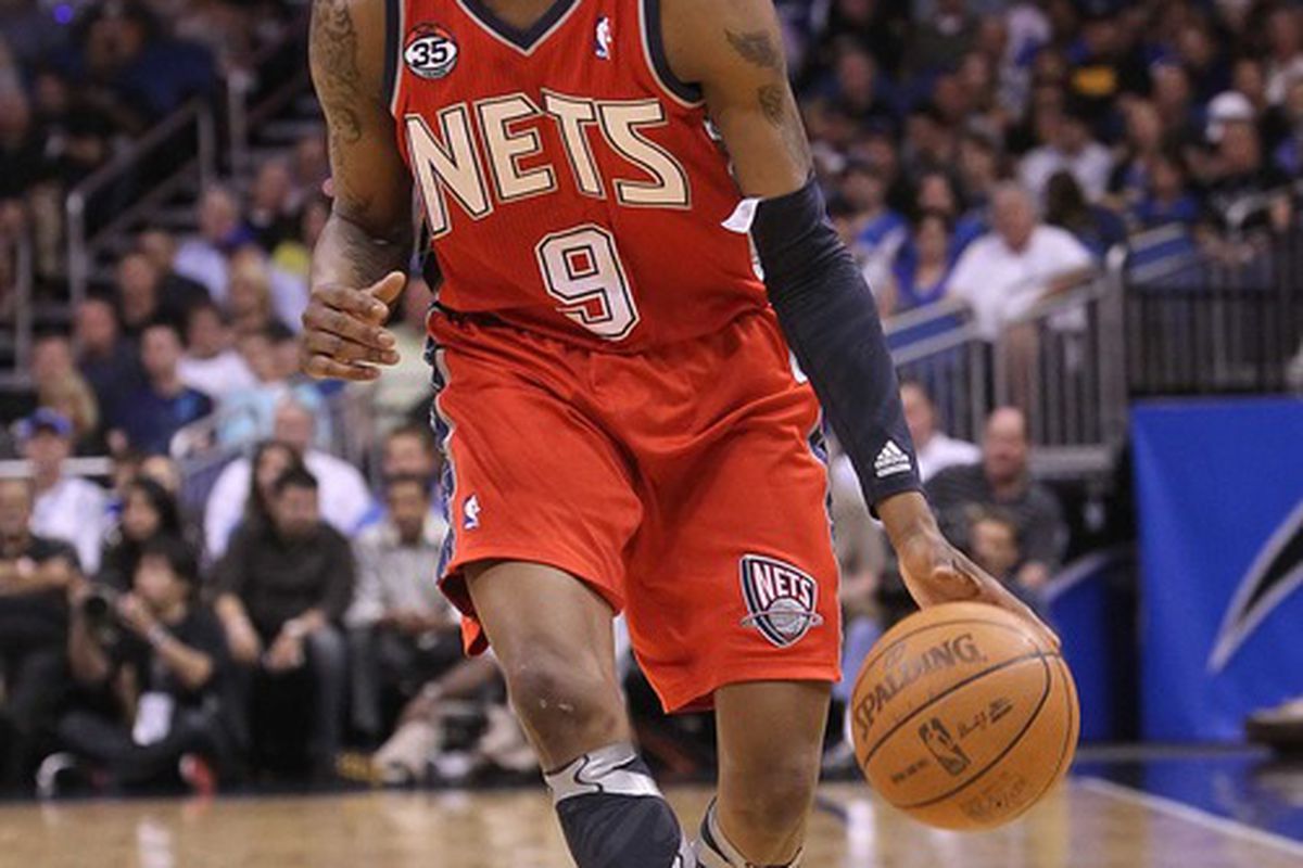 March 16, 2012; Orlando FL, USA; New Jersey Nets guard MarShon Brooks (9) dribbles the ball during the first half against the Orlando Magic at Amway Center. Mandatory Credit: Kim Klement-US PRESSWIRE
