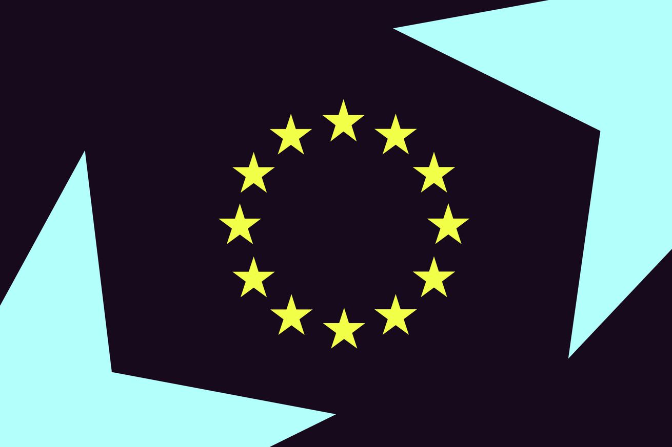 The image shows the stars from the European Union’s flag over a black background framed with blue.