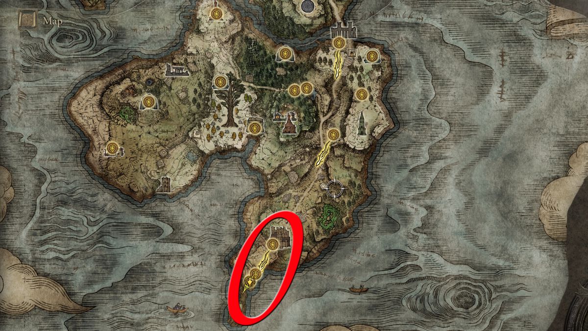 Elden Ring map showing the location of Mon Castle on the Whiping Peninsula.