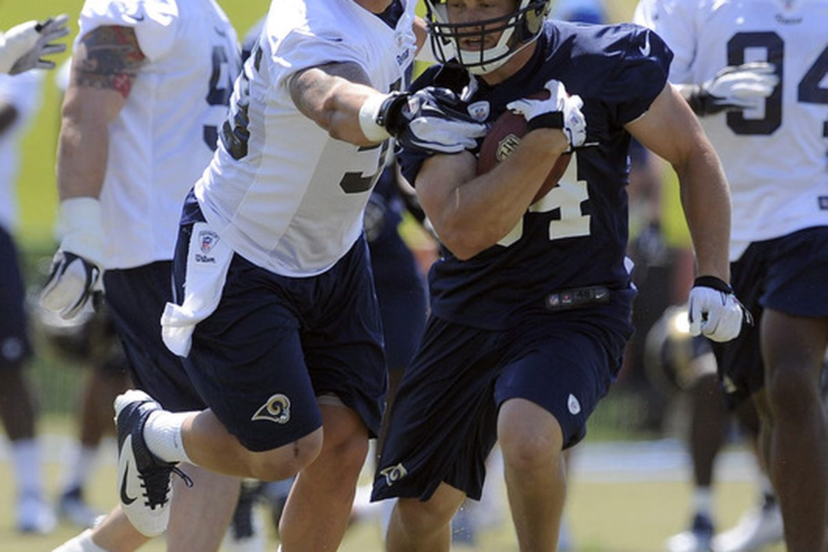 May 23, 2012; St. Louis, MO, USA; St. Louis Rams running back Chase Reynolds (34) carries the ball as linebacker James Laurinaitis (55) defends during an OTA at ContinuityX Training Center. Mandatory Credit: Jeff Curry-US PRESSWIRE