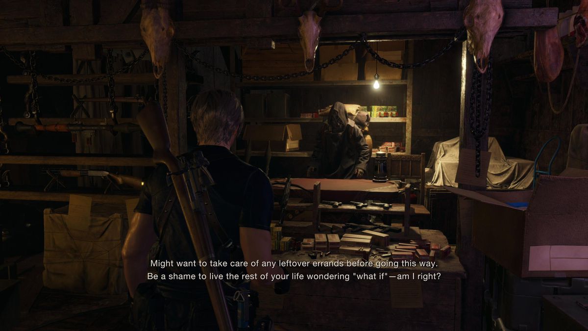 The merchant in Resident Evil 4 remake warns Leon about an upcoming point of no return, advising to take care of any pending errands