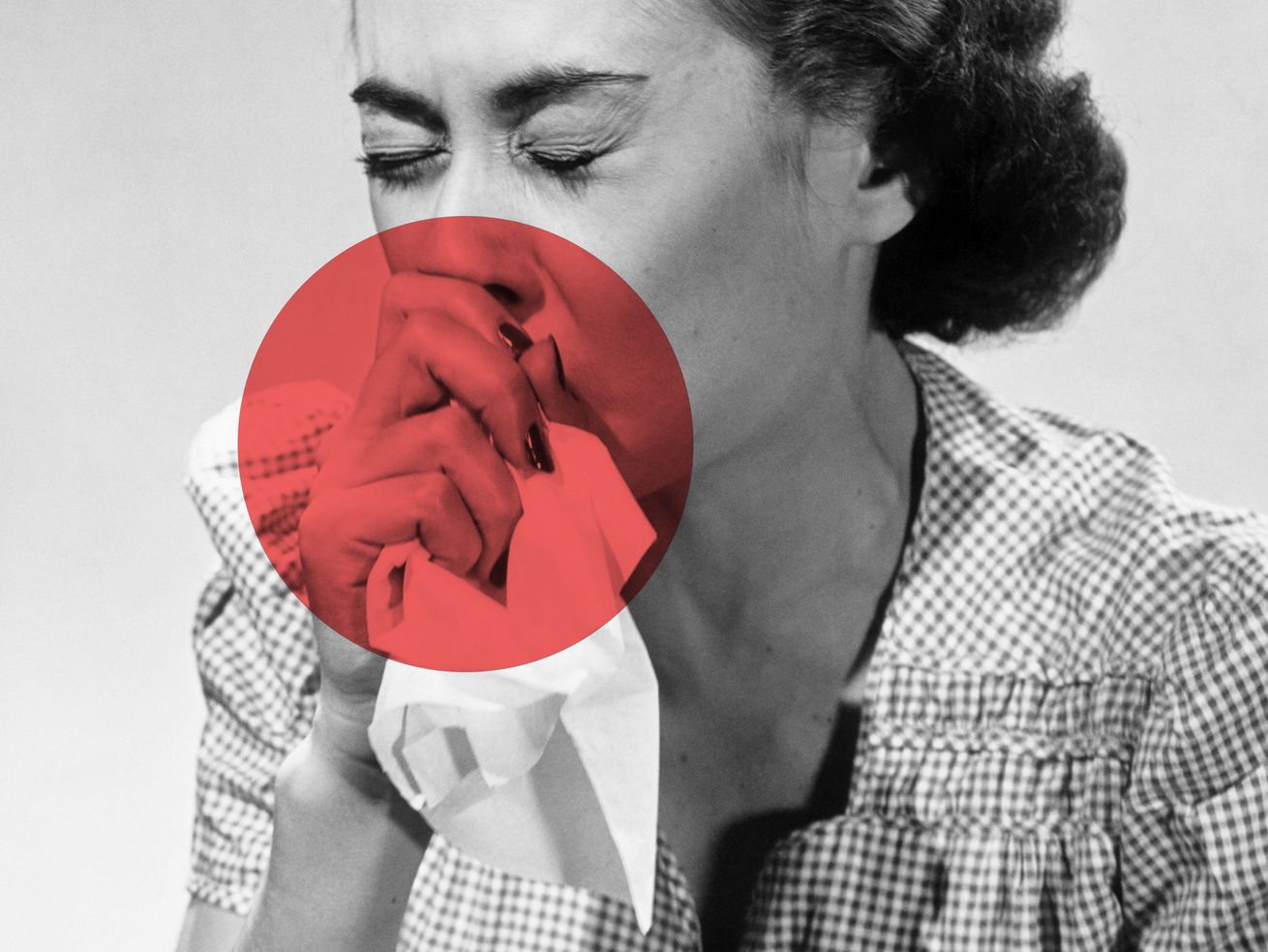 A photo illustration shows a woman from the 1950s sneezing into a handkerchief covering her nose and mouth, with a red circle expanding from the sneeze.