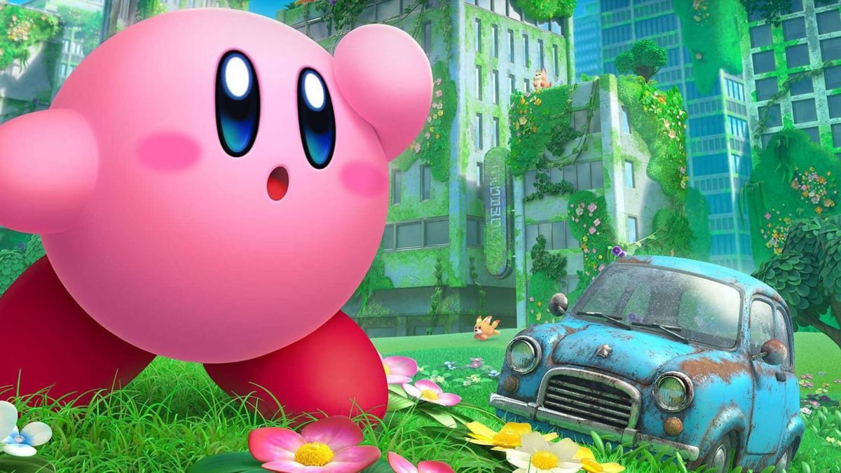 key art for Kirby and the Forgotten Land showing the adorable pink blob searching for humanity in a post-apocalyptic hellscape