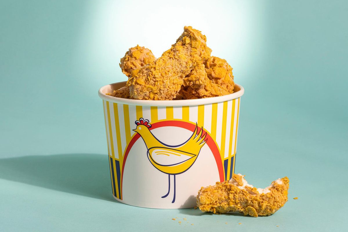 A bucket of ice cream resembling fried chicken.