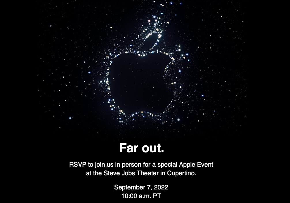 The Apple logo is outlined in a flashing light on a black background, with details about an upcoming Apple event.