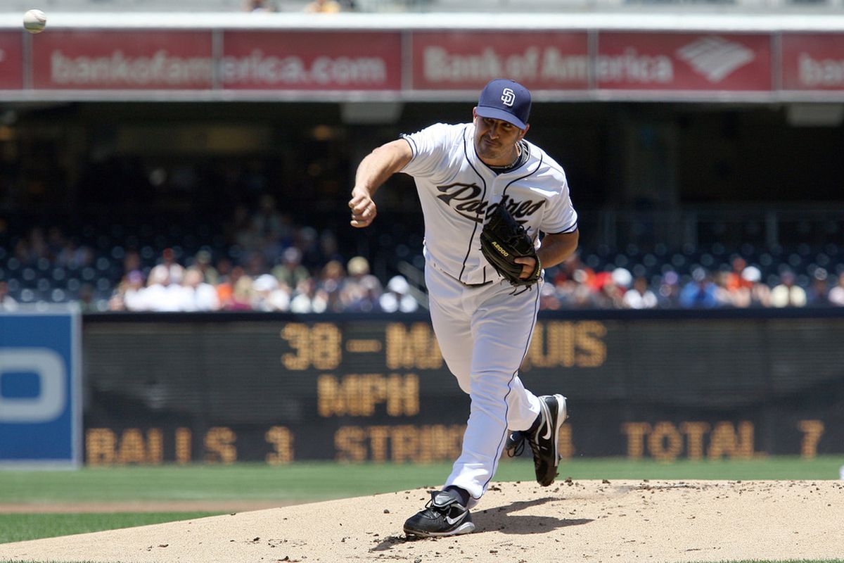June 7, 2012; San Diego, CA, USA; San Diego Padres starting pitcher Jason Marquis pitches against the San Francisco Giants during the first inning at PETCO Park. Mandatory Credit: Jake Roth-US PRESSWIRE