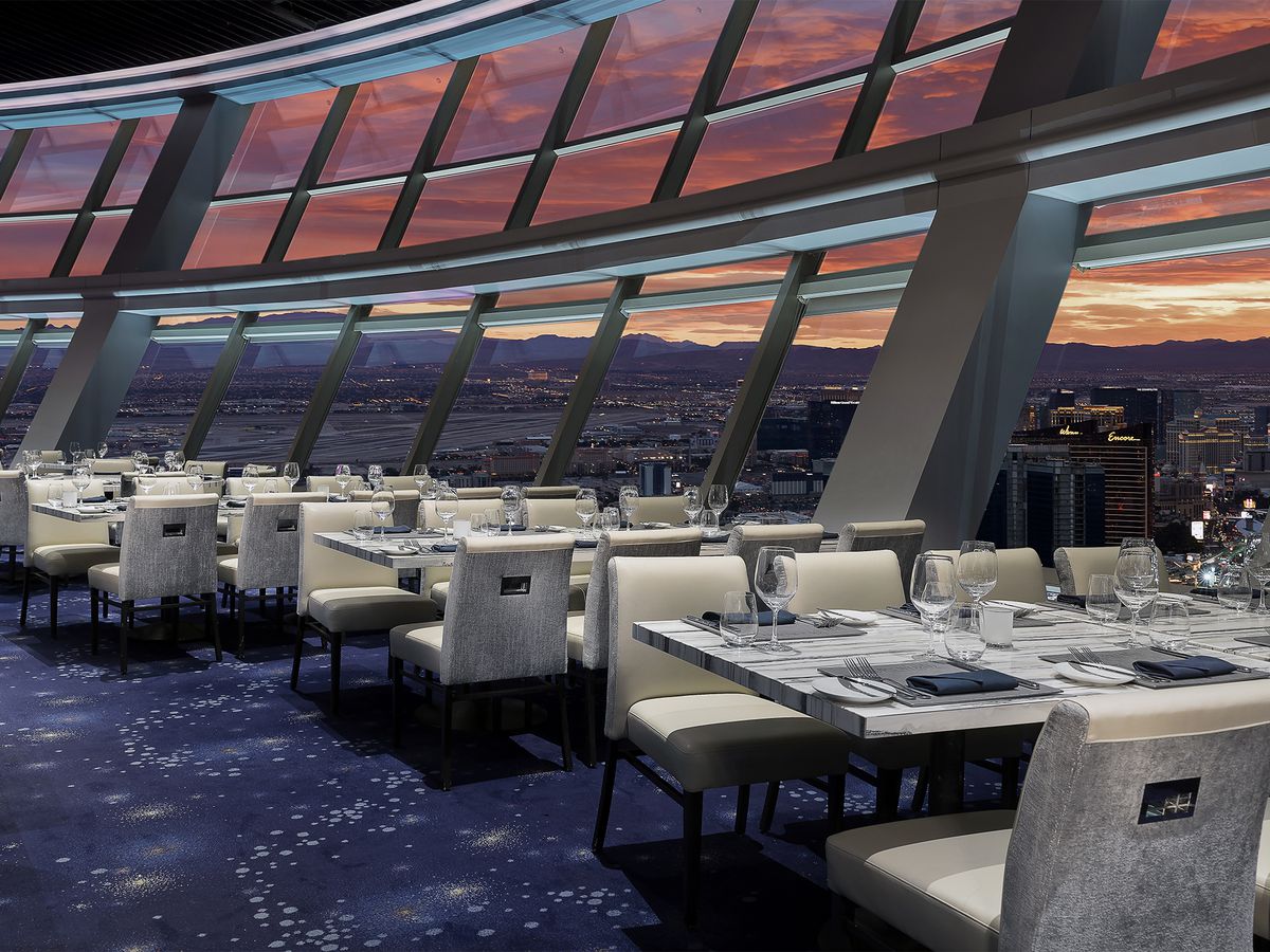 The round dining room overlooks the Las Vegas Valley