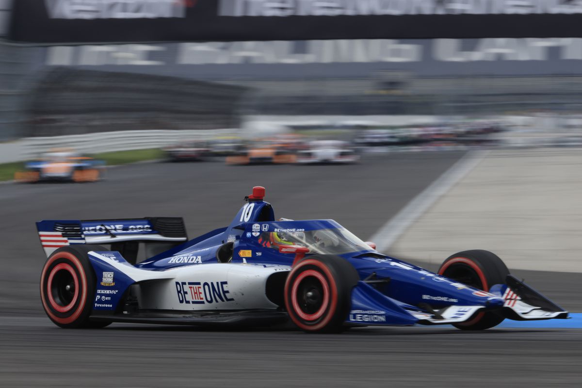 Alex Palou, driver of the #10 The American Legion Chip Ganassi Racing Honda drives during the IndyCar GMR Grand Prix at Indianapolis Motor Speedway on May 13, 2023 in Indianapolis, Indiana.