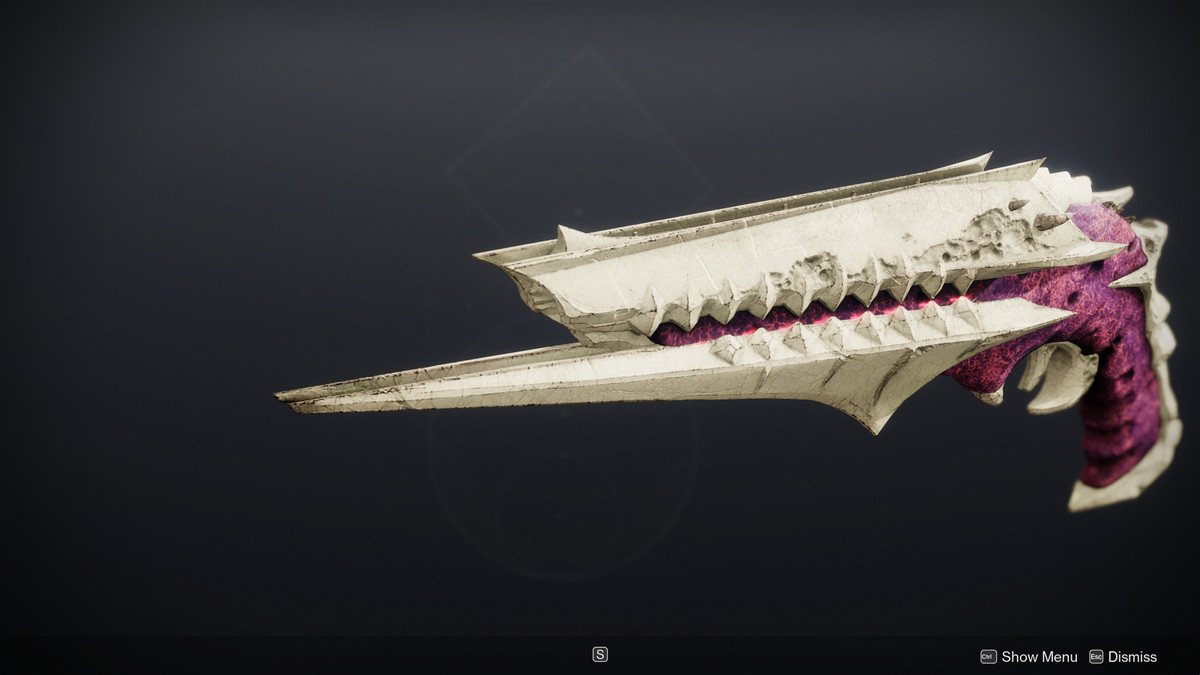 A small hand cannon in Destiny 2 called Zaouli’s Bane, made of bone and sinew