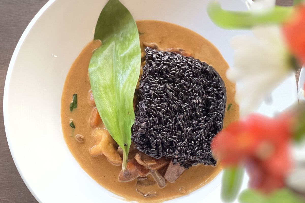 A white plate filled with coconut curry, a scoop of black forbidden rice, and other vegetables, with a green leaf garnish laid over top.