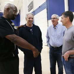 Antoine Carr laughs with Phil Johnson, Jerry Sloan and John Stockton as the 1997 Utah Jazz team members meet for a reunion in Salt Lake City on Wednesday, March 22, 2017.