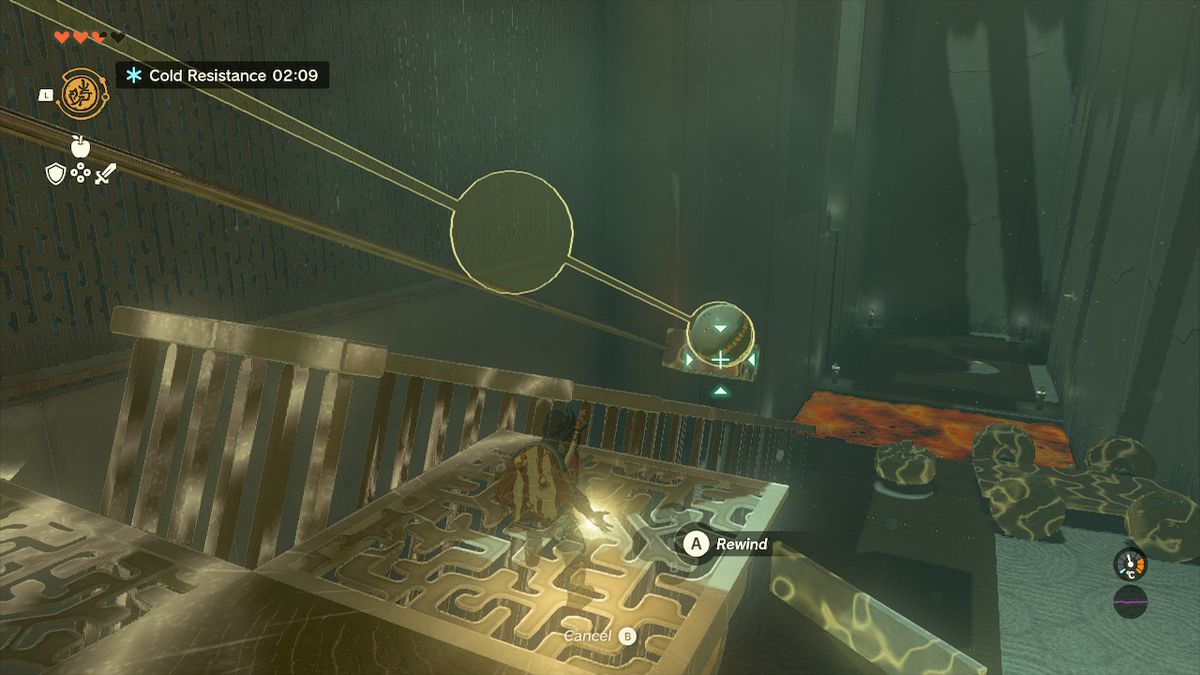 Link lets an orb slide down a rail in the Tukarok Shrine in Zelda Tears of the Kingdom.