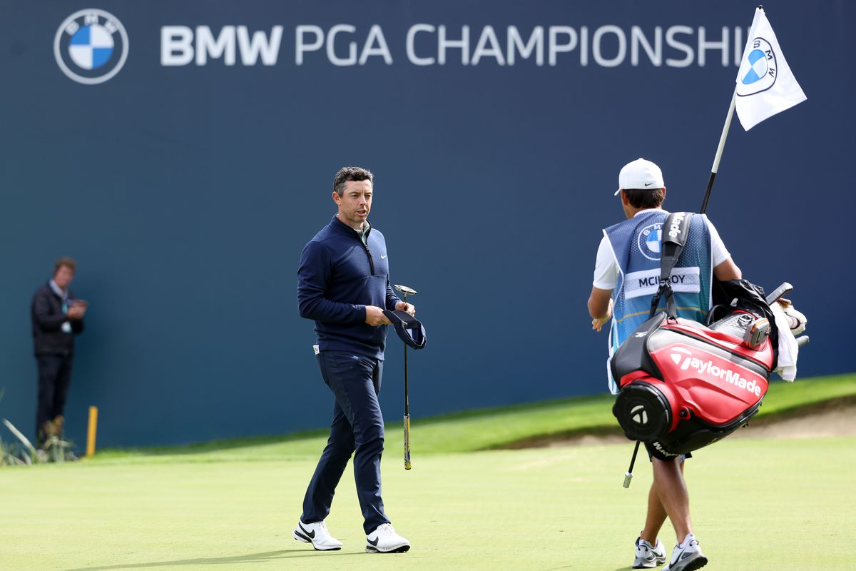Rory McIlroy of Northern Ireland reacts on the 18th green during the BMW PGA Championship Pro-Am at Wentworth Golf Club on September 07, 2022 in Virginia Water, England.