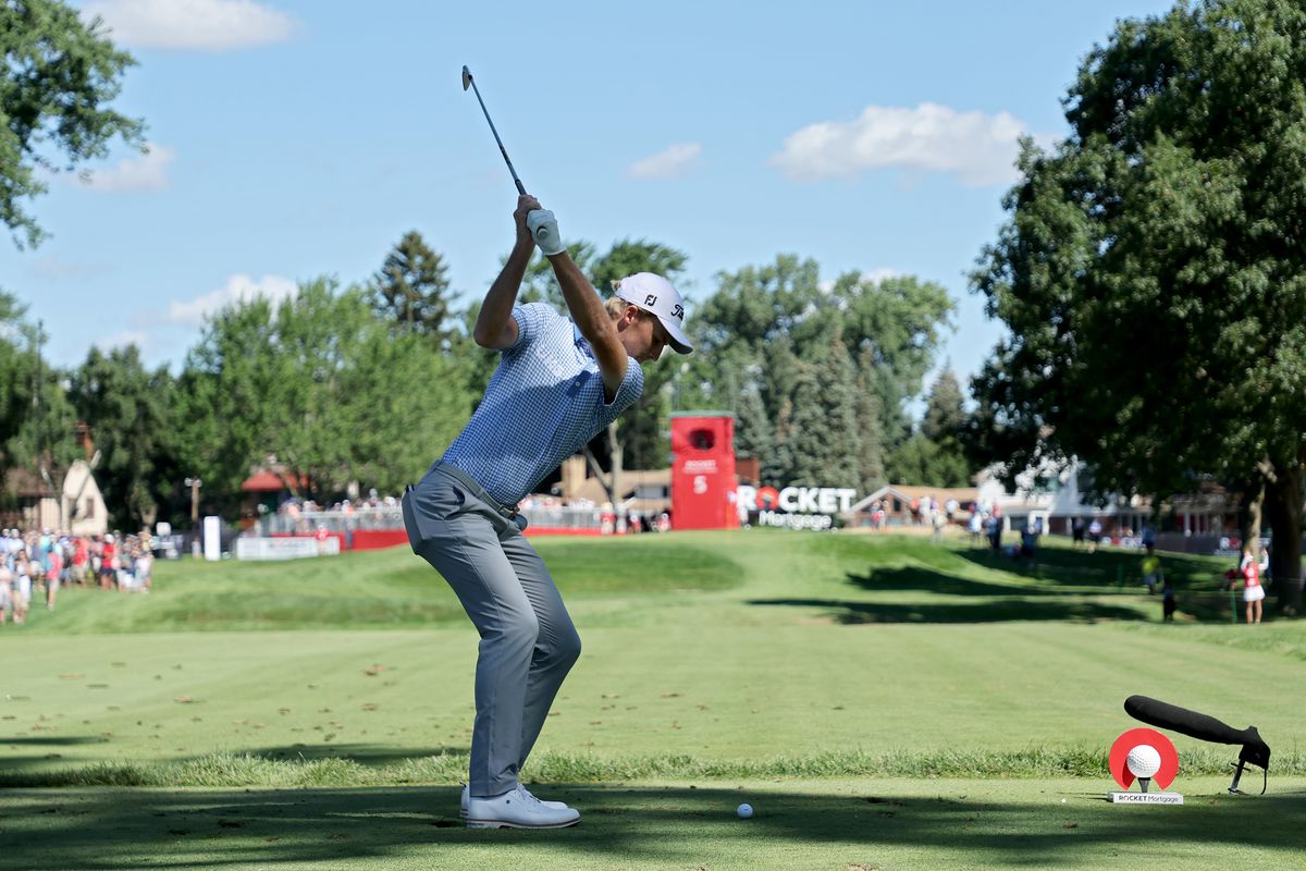 Will Zalatoris of the United States plays his shot from the fifth tee during the second round of the Rocket Mortgage Classic at Detroit Golf Club on July 29, 2022 in Detroit, Michigan.