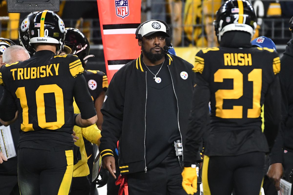 Pittsburgh Steelers head coach Mike Tomlin looks out on the field as quarterback Mitch Trubisky (10) and cornerback Darius Rush (21) leave the field against the New England Patriots at Acrisure Stadium. The Patriots won 21-18. . Mandatory Credit: Philip G. Pavely