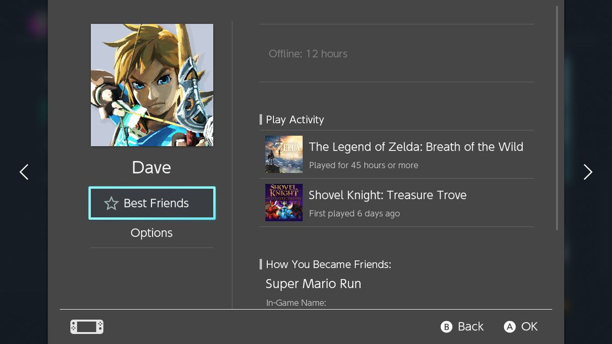 Nintendo Switch activity log for Dave Tach (via Chris Grant’s friends list)