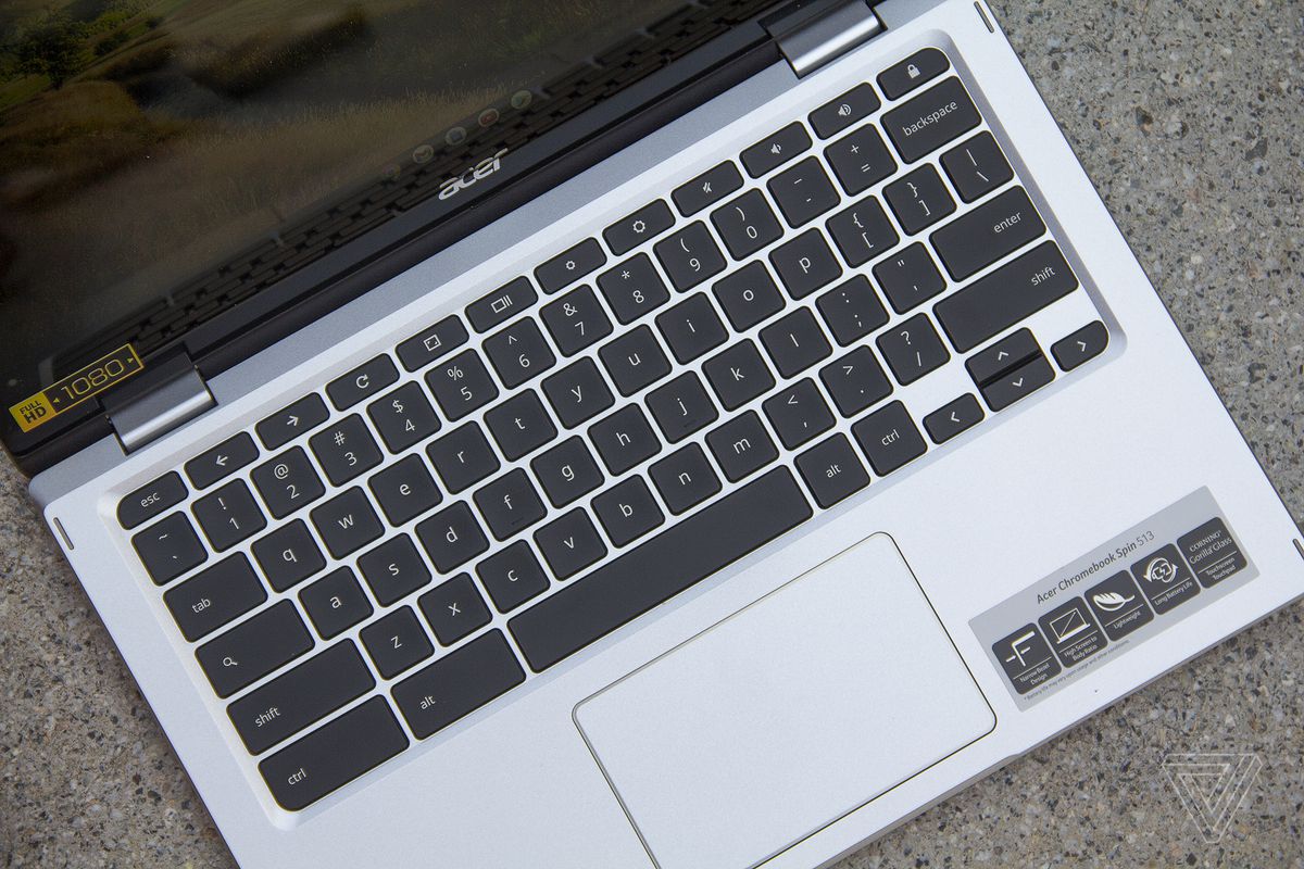 The Acer Chromebook Spin 513 keyboard deck seen from above, angled slightly to the right.