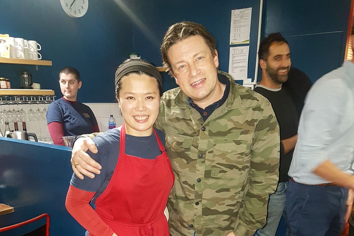 Mandy Yin of Sambal Shiok and Jamie Oliver, together at the restaurant on Holloway Road in Islington