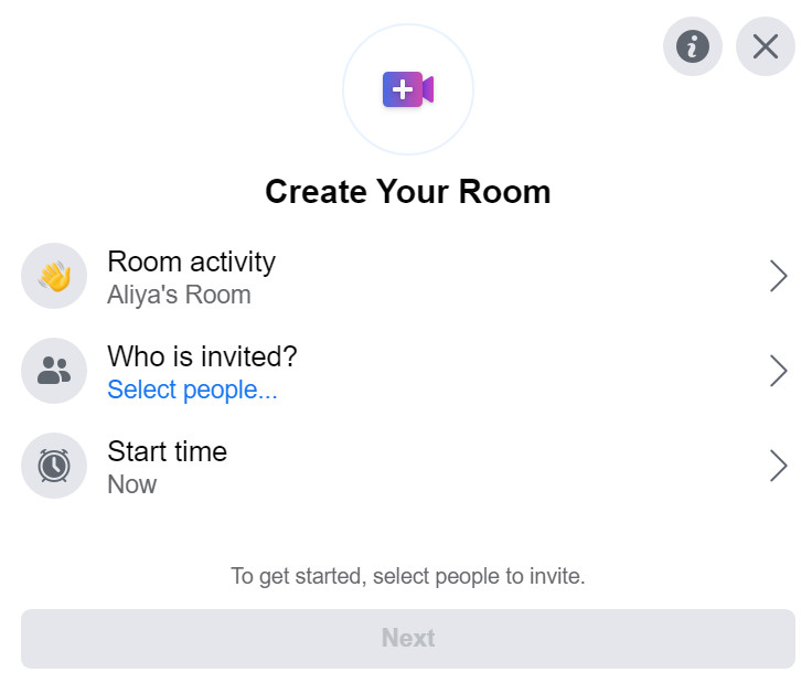 The Create Your Room pop-up window gives you three options: “Room activity.” “Who is invited?” and “Start time.”